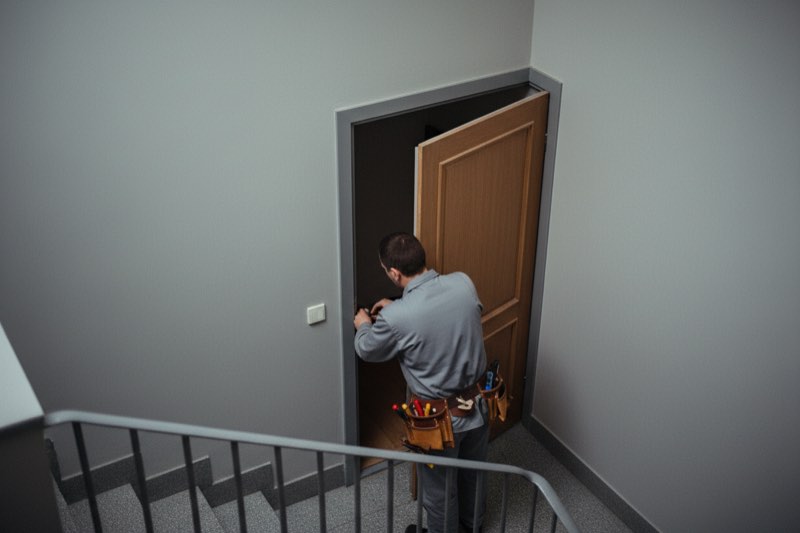 Felülről nézve: munkakabátos zárszerelő két kézzel dolgozik egy nyitott lakásajtó élén a lépcsőházban, borult nappali fényben.