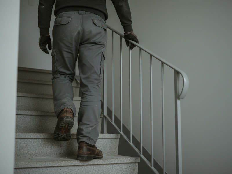 Zárszerelő lépcsőn megy fölfelé, munkanadrágban és bakancsban, kesztyűs keze a fém korláton.